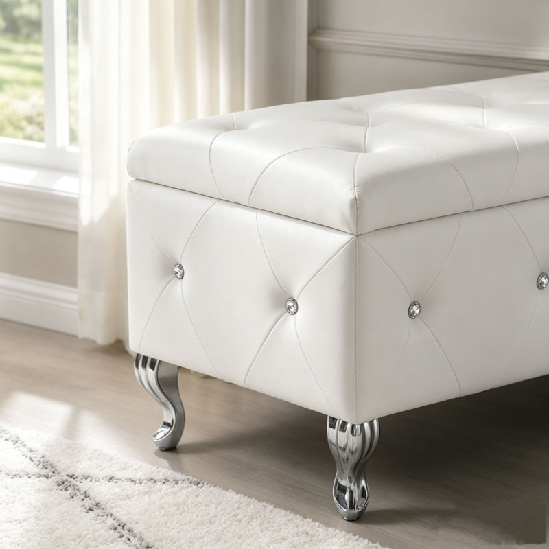 Banc de rangement en similicuir de luxe avec boutons en cristal et charnière de sécurité