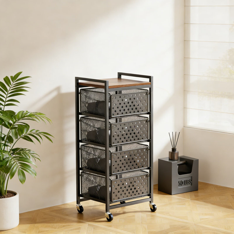 Chariot de rangement à 5 niveaux avec paniers coulissants et plateau en bois massif - Organisateur mobile robuste pour les fruits, les légumes et les fournitures de cuisine