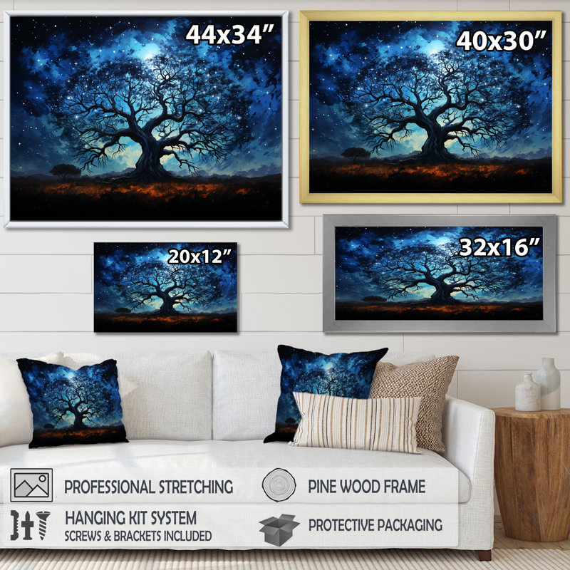 Arbre bleu d'Afrique, Serengeti, arbre 1, art mural africain, Cadre d'angle fermé noir, H 24 po x l 32 po x P 1 po