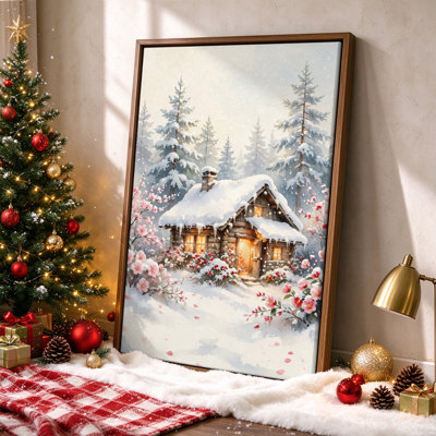 Cabane de Noël en rondins avec fleurs de cerisier dans la neige, art mural sur toile, 16 x 24 po