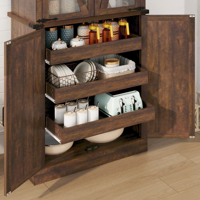 Garde-manger 71 po avec portes supérieures transparentes, 3 supports de rangement coulissants et 2 tablettes réglables, Brun