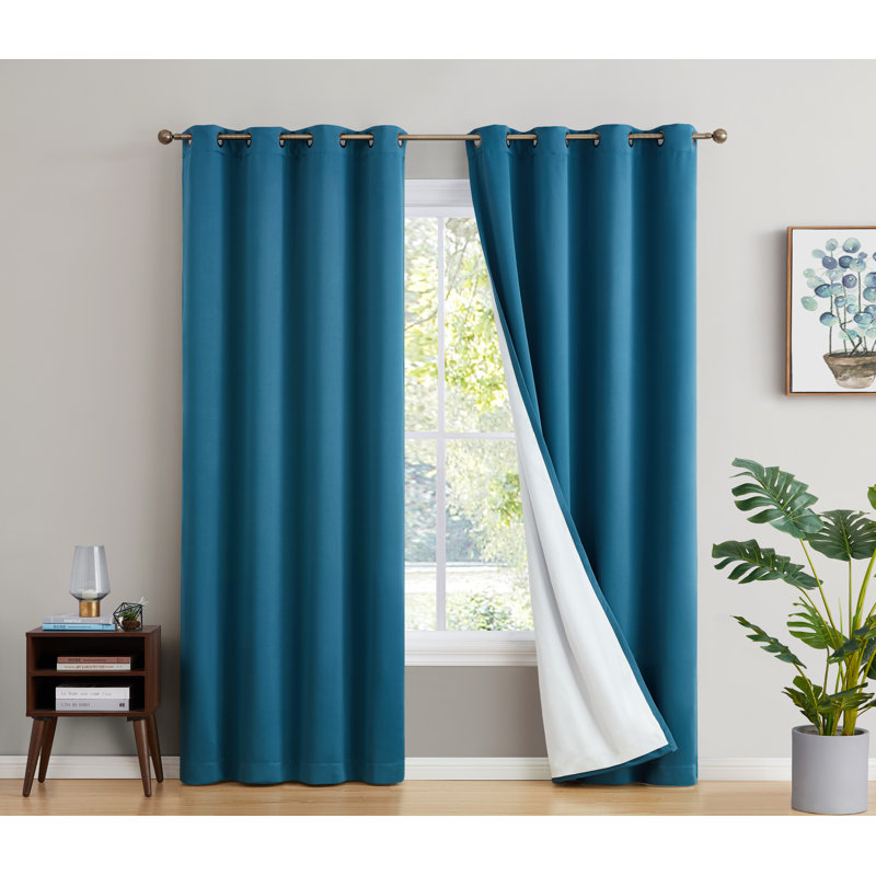 Alis Solid Color 100% Blackout Thermal Grommet Curtain Panels, 52" W x 96" L, Teal Blue