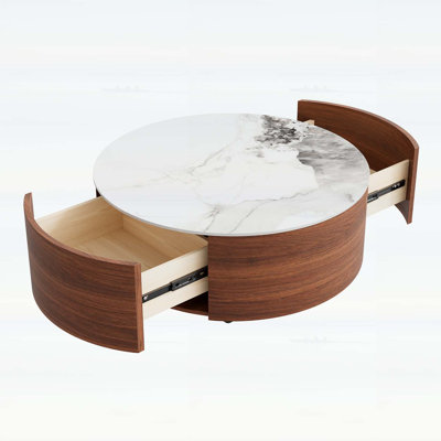Round Movable Coffee Table with Casters,2 Drawers