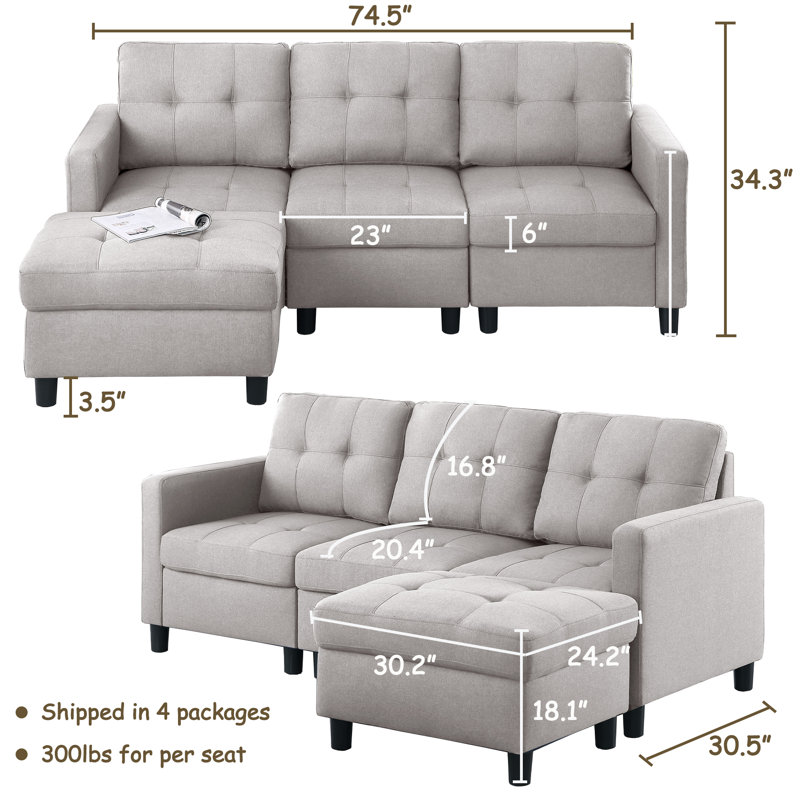 Kentrell Modular Sofa With Ottoman, Light Gray, 34.3" H x 74.5" W x 30.5" D