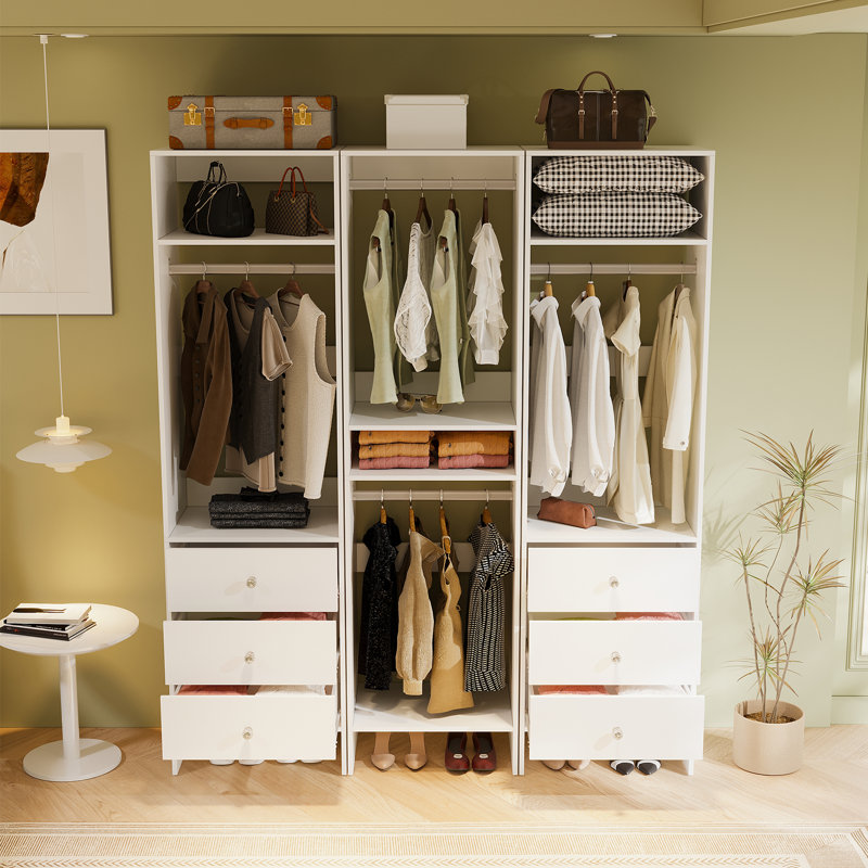 Système de garde-robe modulaire étroit, garde-robe autoportante blanche avec tringle suspendue et 3 tiroirs de rangement