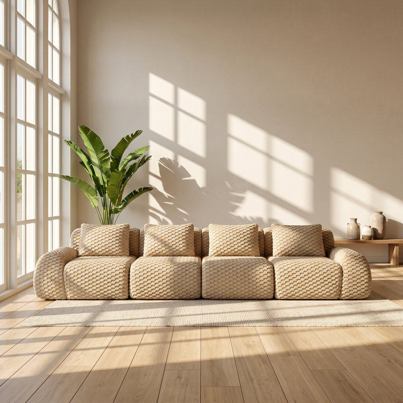 UI Furniture 146.4" W x 41.3" D x 33.1" H Light Camel Flannelette 4-Seater Modular Sectional Sofa, Beige Flannel, Symmetrical