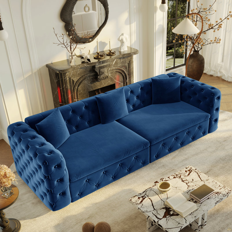 Très grand canapé-lit multifonctionnel de 89 po, canapé-lit coulissant 3 en 1, canapé classique en velours 4 places avec design capitonné, comprend 3 coussins décoratifs, convenant aux appartements et aux salons, bleu
