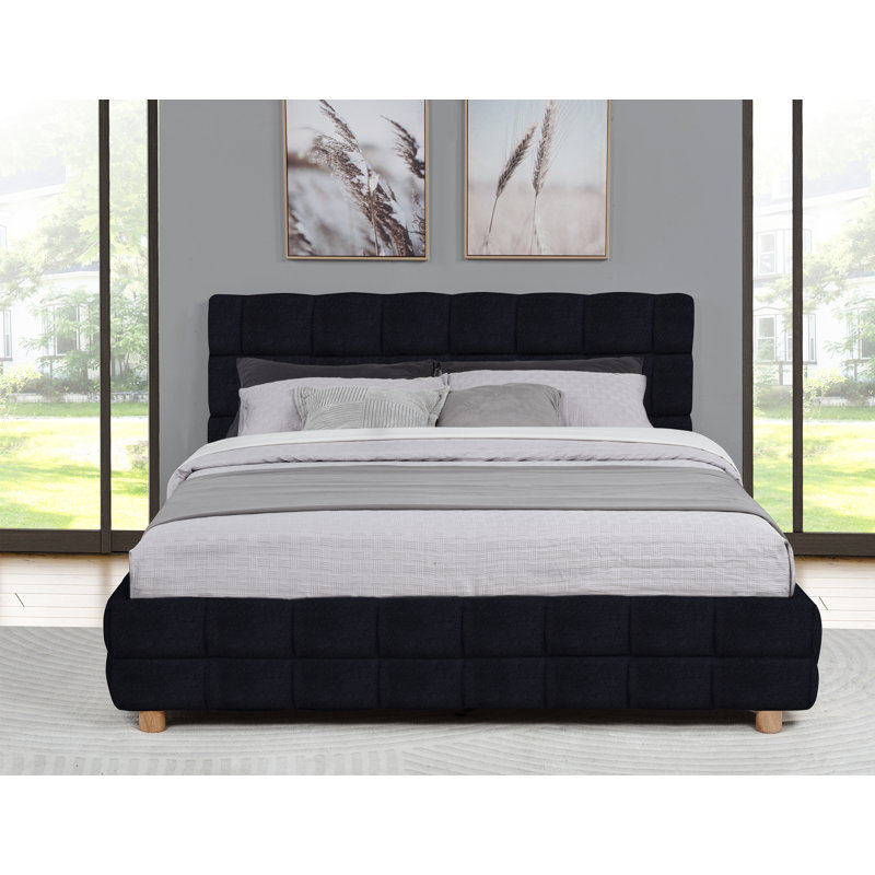 Winona Square Low Platform Upholstered Padded Queen Bed , Black