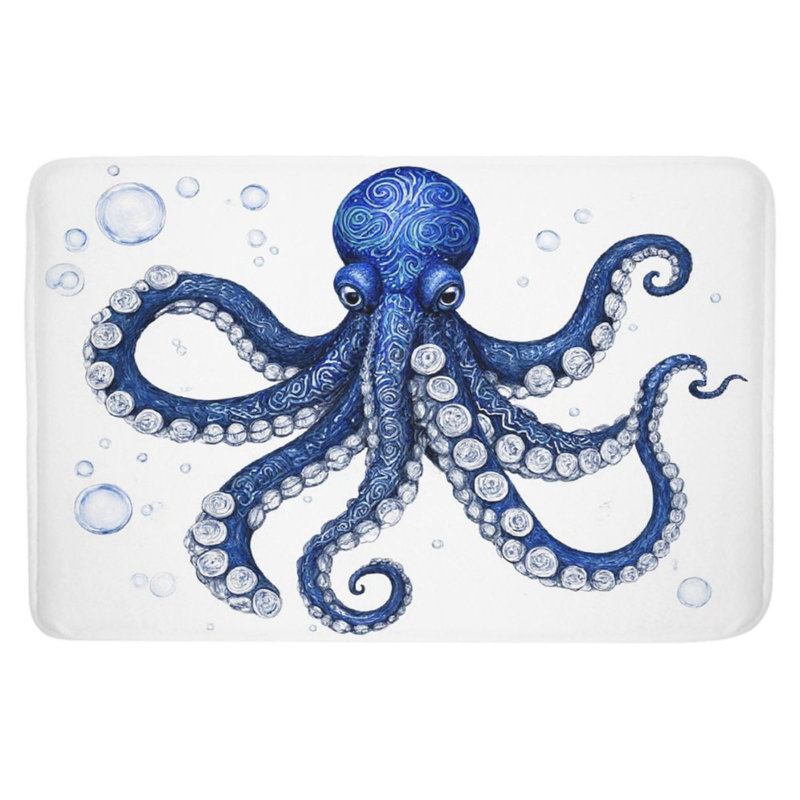 Tapis de bain bleu à motif de pieuvre, 36 x 24 po