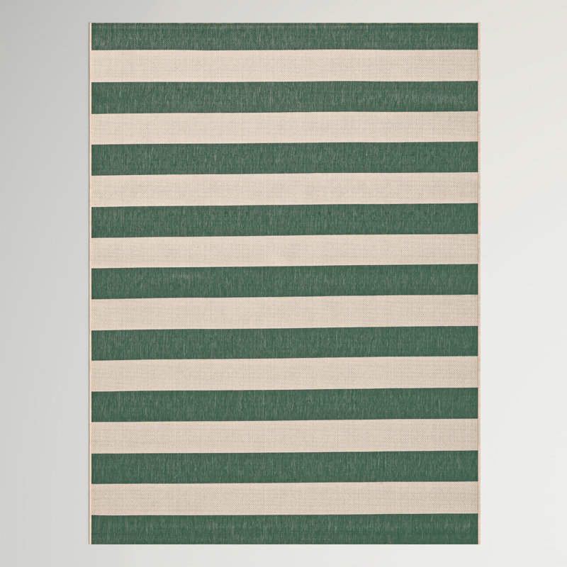 Kempston Striped Beige/Dark Green Outdoor Area Indoor/Outdoor Area Rug, Rectangle 9' x 12'