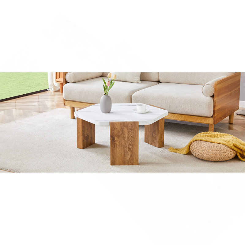 31-Inch Modern-Style Hexagonal Coffee Table, With White Marble Surface.