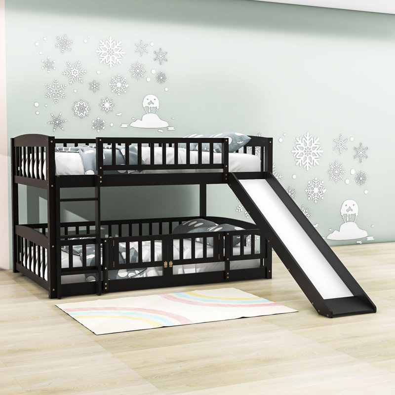 Harveen Wooden Bunk Bed with Slide and Fence by Harriet Bee, Full over Full, Espresso
