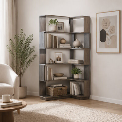 Bibliothèque de coin autoportante de 90 cm (35,43 po) pour le salon, la chambre à coucher, le bureau personnel, la bibliothèque en bois avec panneau anti-chute et dispositif anti-basculement, Vitrine de rangement ouverte 5 couleurs