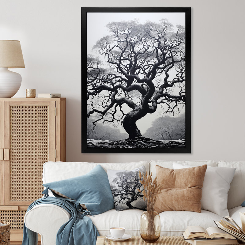 Arbre gris monochromatique Serenade II - impression sur toile florale et botanique, L 12 po x H 20 po, Cadre photo noir