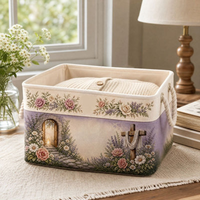 the storage Themed Fabric Storage Basket   Religious  Print  Storage Bin With Rope Handles  Decorative Rectangular Storage Organizer For Home