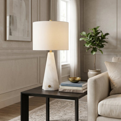 Geometric Alabaster Stone Table Lamp for Living Room Use - Modern Glam Small Accent Table Lamp for Bedroom, Bedside or Desk Lighting - 26", White & Gold