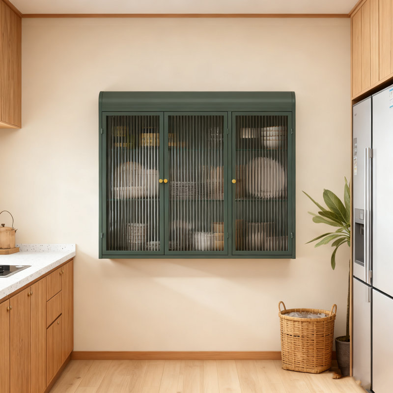 Armoire murale en verre arquée 3 portes - Vert foncé, pour la cuisine, le salon et la salle de bain