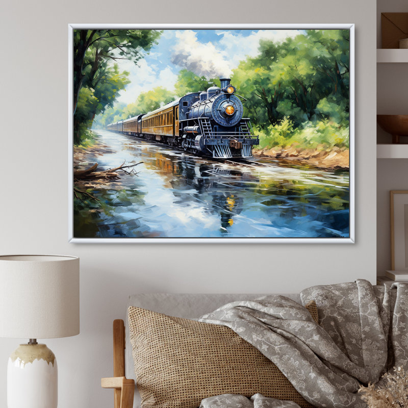 Steamtrain Travelling In The Sunset, peinture - train, art mural, H 16 po x l 32 po x P 1 po, Cadre flottant blanc