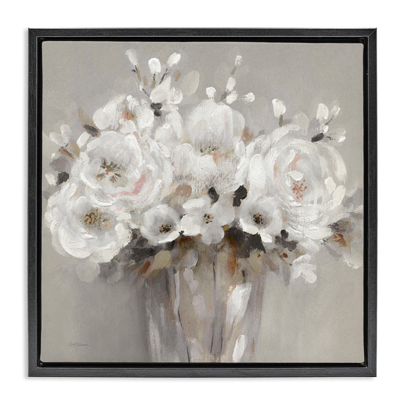 Bouquets de fleurs blanches, H 18 po x l 18 po, Cadre flottant noir de jais