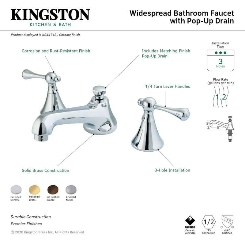 Kingston Brass Two-Handle 3-Hole Deck Mount Widespread Bathroom Faucet with Brass Pop-Up Drain, Polished Chrome