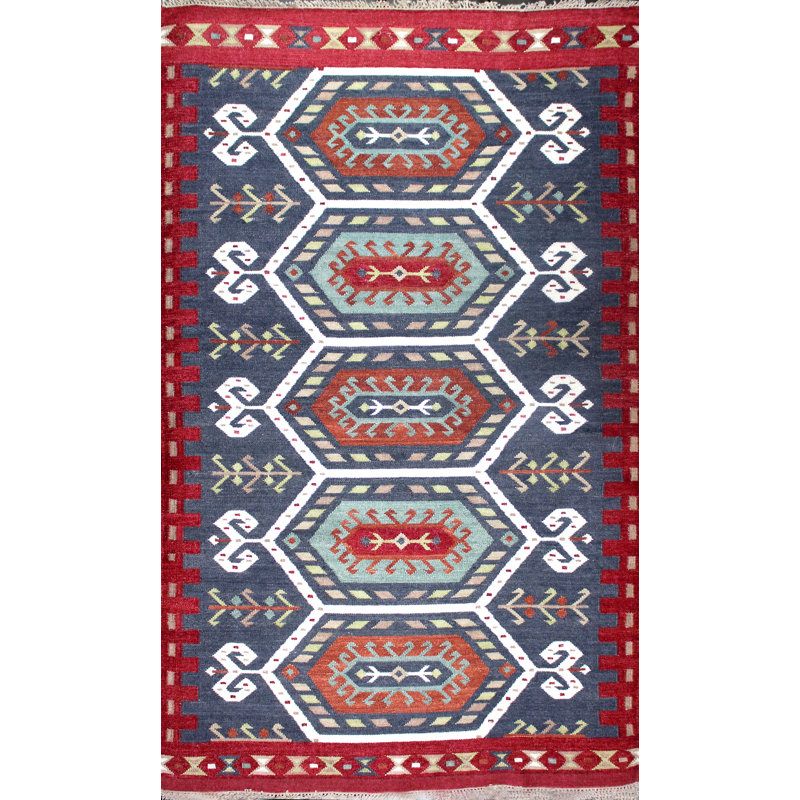 Tapis bleu / rouge en laine tissé à la main Bernie, Rectangle de 4 pi x 6 pi