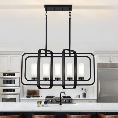 Luminaire suspendu pour îlot de cuisine 5 lumières avec abat-jour en verre givré blanc Sau