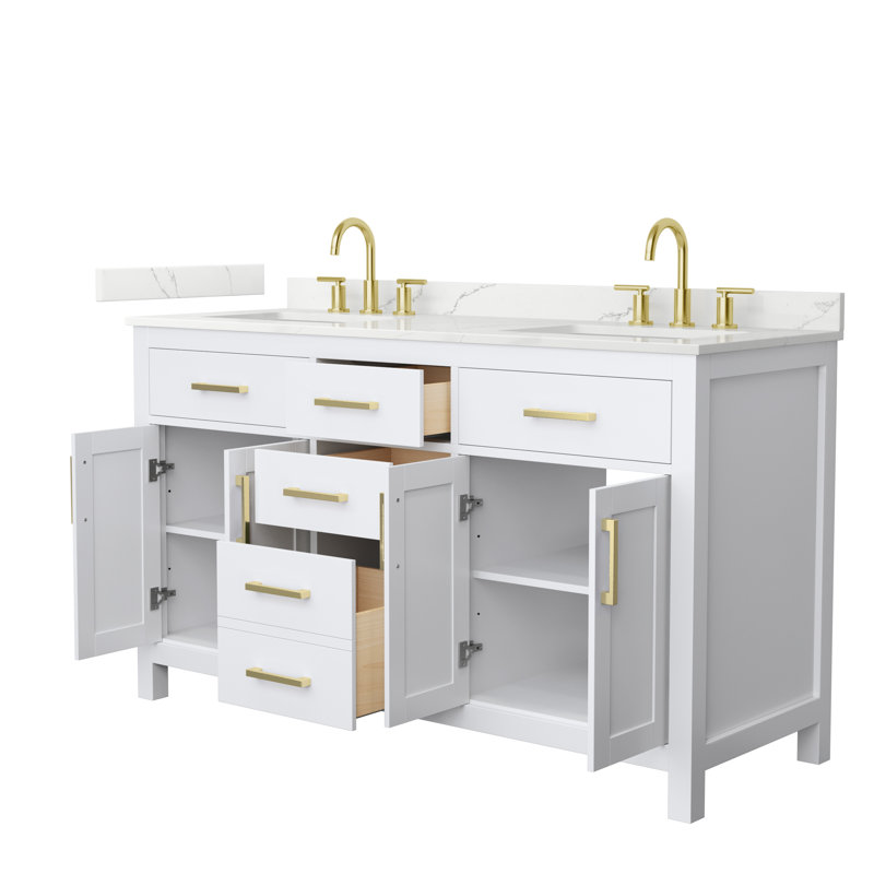 Beckett 60" Freestanding Double Bathroom Vanity with Quartz Top, Brushed Gold, White, Giotto Quartz