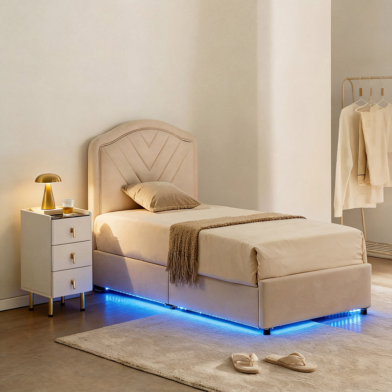 Bed Frame with Velvet Headboard, Smart Adjustable LED Light, Metal Ottoman Bed Frame With Wooden Slat Support, Gas Lift Under Bed Storage