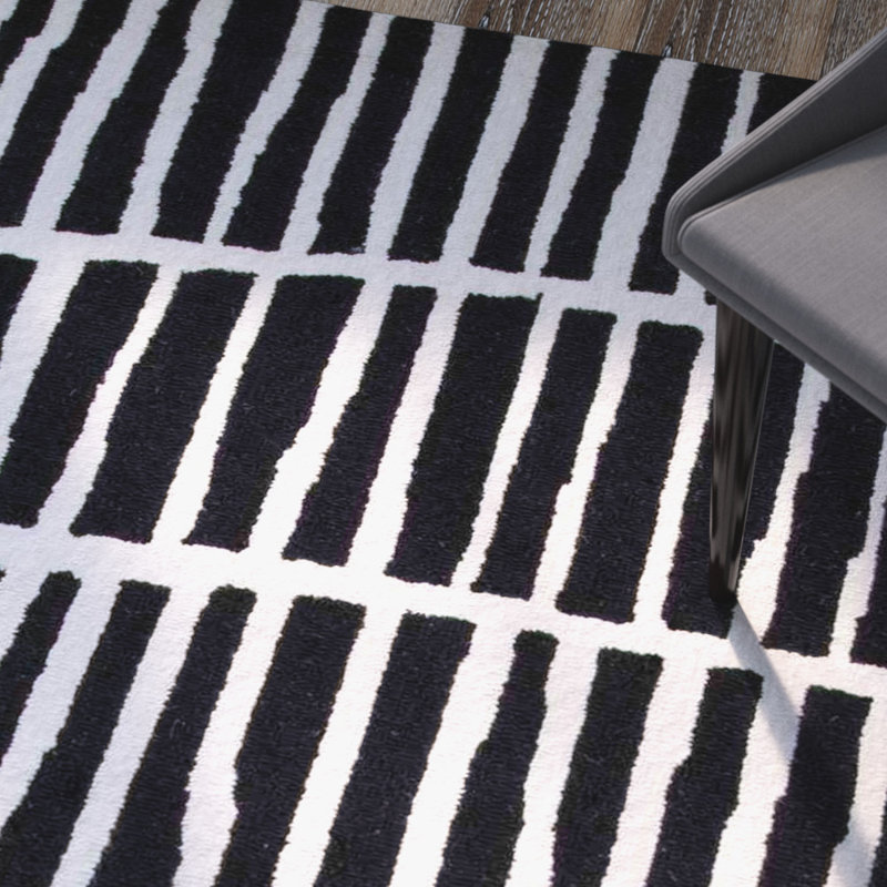 Odalis Geometric Handmade Wool Black/Ivory Cream Rug, Rectangle 8'6" x 11'6"