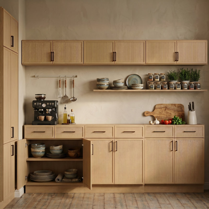 Ensemble d'armoires de cuisine en bois de frêne moderne avec trois armoires de base de 30 po avec tiroirs et trois armoires murales de 30 po, charnières à fermeture en douceur de qualité supérieure
