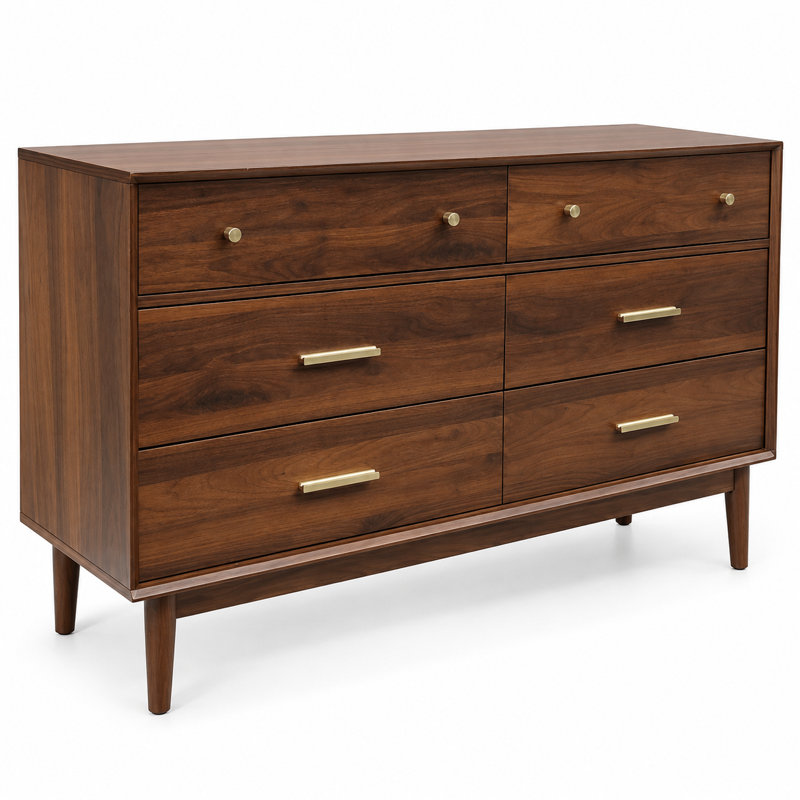 Commode moderne à 6 tiroirs avec poignées dorées, coffre de rangement bleu sarcelle de 54 po de largeur pour la chambre à coucher ou le salon