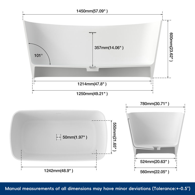 Baignoire autoportante Forma 57" en résine de pierre, baignoire à surface solide, baignoire indépendante avec bonde escamotable et trop-plein, blanc mat