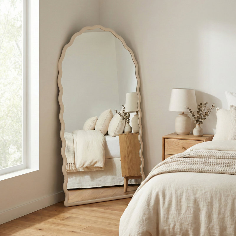 Wavy Arched Framed Wall Mirror for Bathroom and Vanity Table Display - Decorative Large Mirrors Accent for Tabletop Styling - 59", White