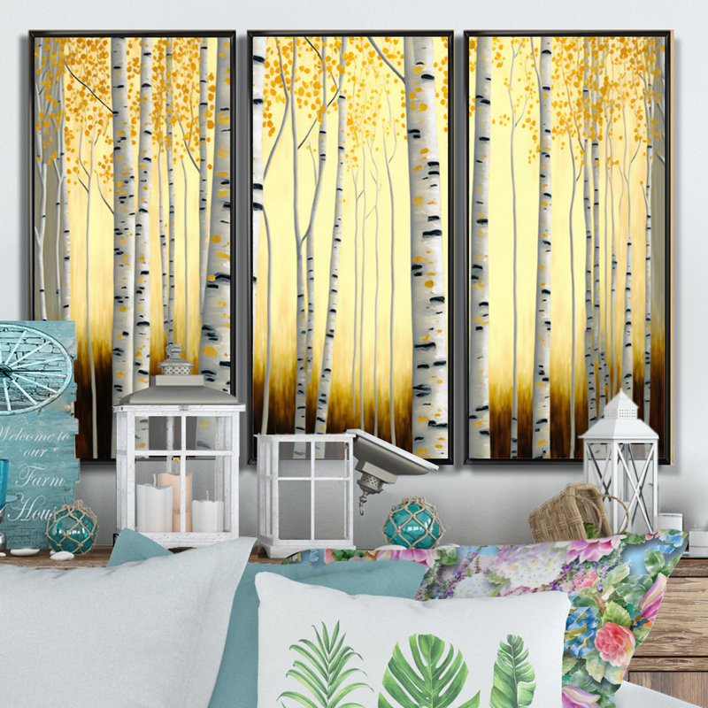 Golden Birch Trees Forest III - ensemble d'art mural sur toile paysage, H 28 po x l 36 po x P 1 po, Cadre noir