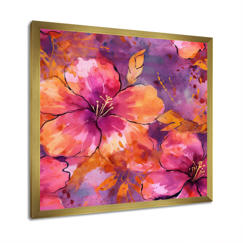 Rubianas, pétales d'hibiscus sur toile, H 16 po x l 16 po x P 1 po, Encadrement doré