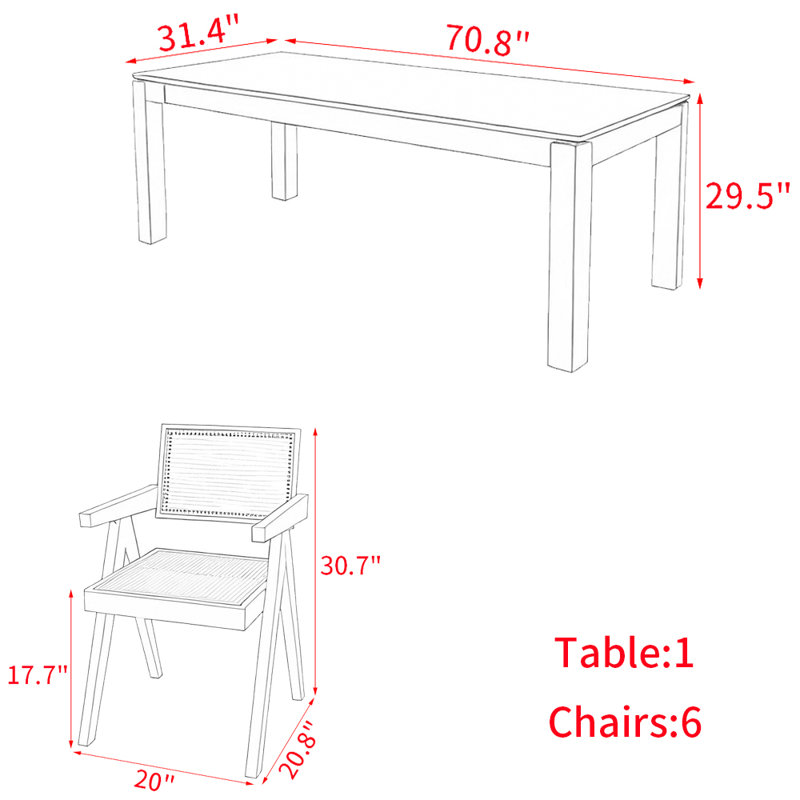 Ensemble de table à manger en bois franc français vintage, H 29,5 po x L 70,8 po x l 31,4 po