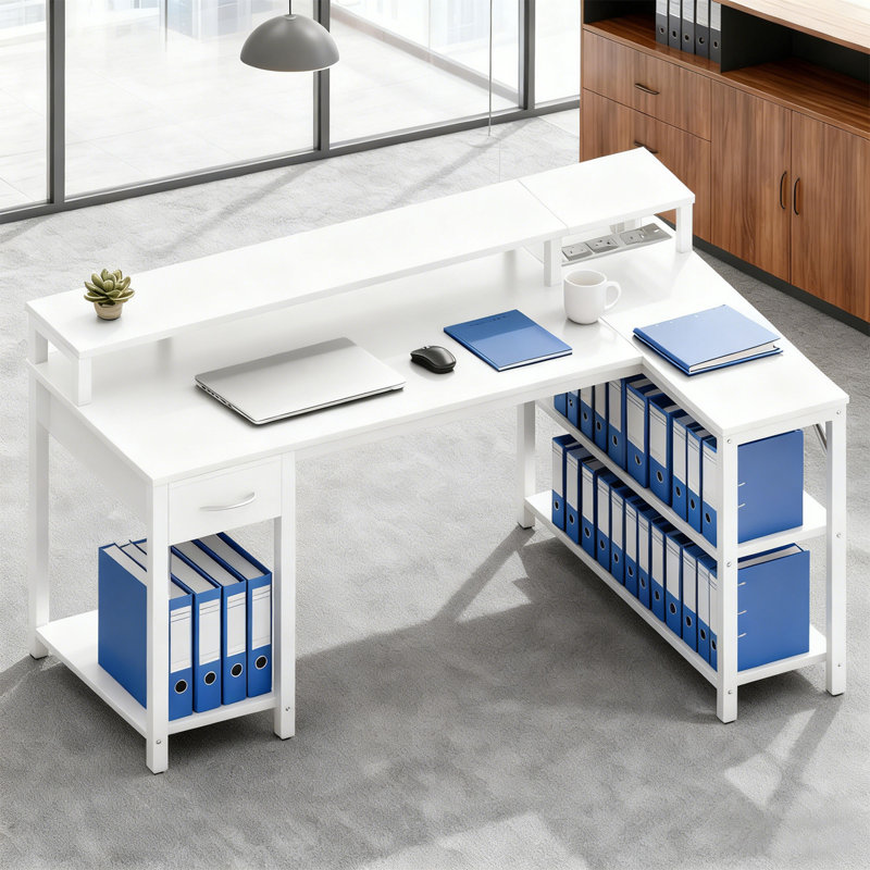 Table réversible en L avec prise de courant, White