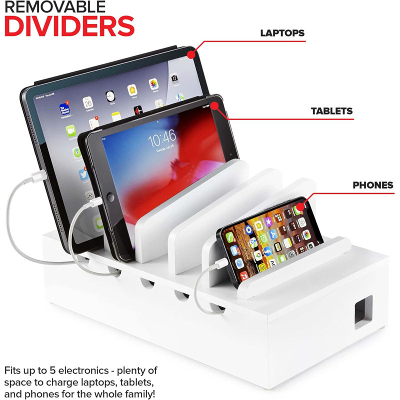 Bamboo Charging Station For Multiple Devices White  Wood Device Organizer, Desk Docking Stand For Cell-Phone Charger, Compatible With Apple, Android, Ipad, Iphone, Tablet, Laptop