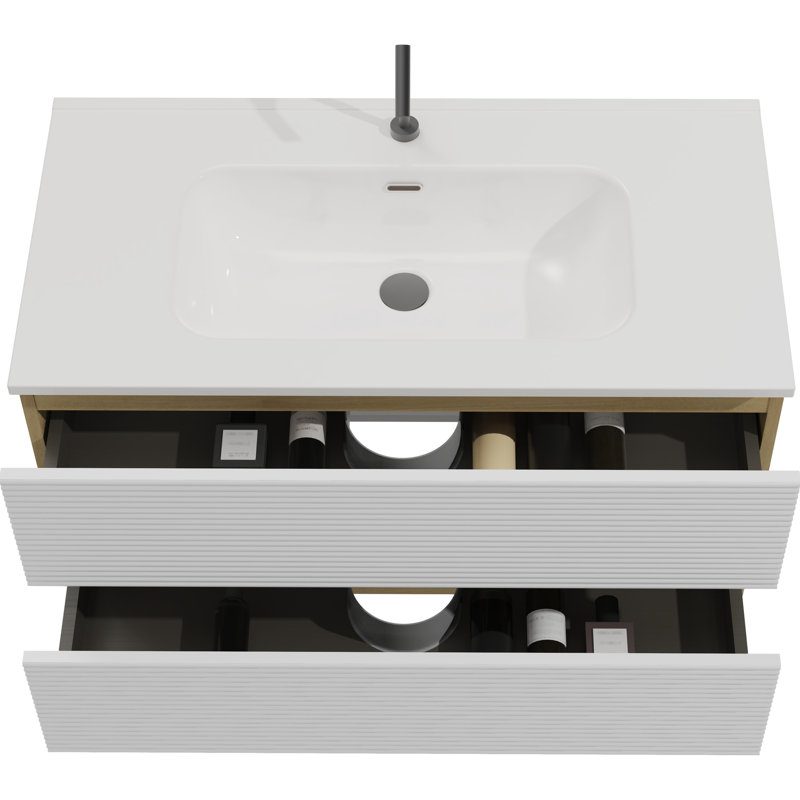 Meuble-lavabo 36 po - Blanc neige mat + Chêne naturel, trop-plein en céramique, rangement généreux, fermeture silencieuse et armoire en chêne 36 po, espace de rangement abondant,