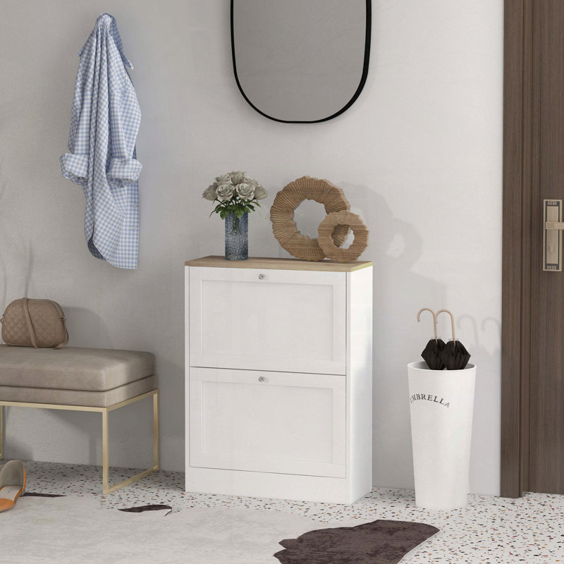 Slim Shoe Cabinet for Entryway with 2 Flip Drawers and Adjustable Shelves