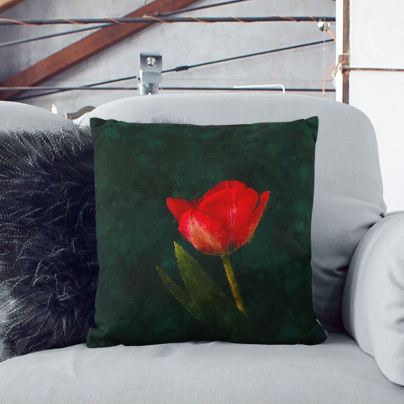 Lone Tulip Painting Cushion with Filling, White, 40cm H x 40cm W x 15cm D
