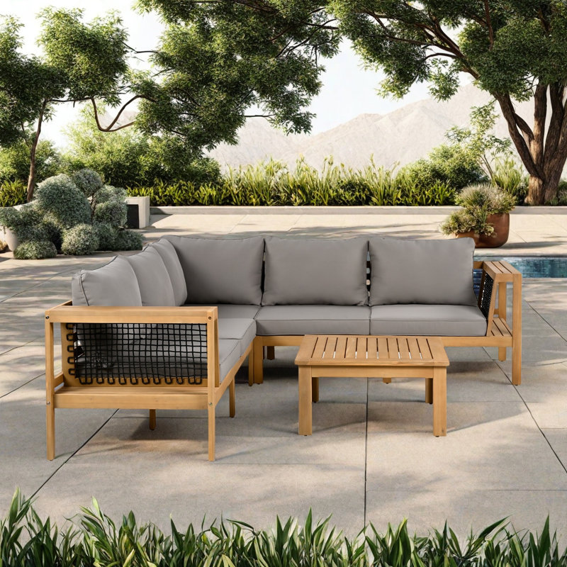 Ensemble de conversation modulaire d'extérieur en bois massif avec coussins pour 5 personnes en acacia, Gris, Naturel