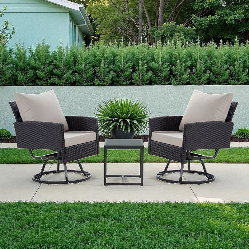 Ensemble de chaises pivotantes 3 pièces en osier PE avec rotation à 360 ° et table basse, Gris, Noir