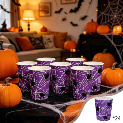 Assiettes et gobelets jetables en papier Purple Web pour Halloween - Fournitures de fête pour les occasions festives