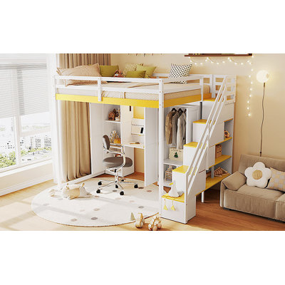 Full Size Loft Bed With Storage Staircase,Built-In Dressing Table With Mirror And Drawer, Wardrobe & Cabinets, USB Charging Ports And Lights, White+Yellow