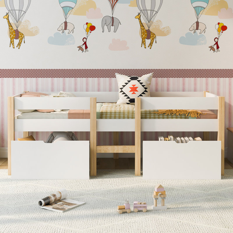 Babin Children's bed with drawer and fall protection, solid pine wood, white and oak, European Single (90 x 200cm)