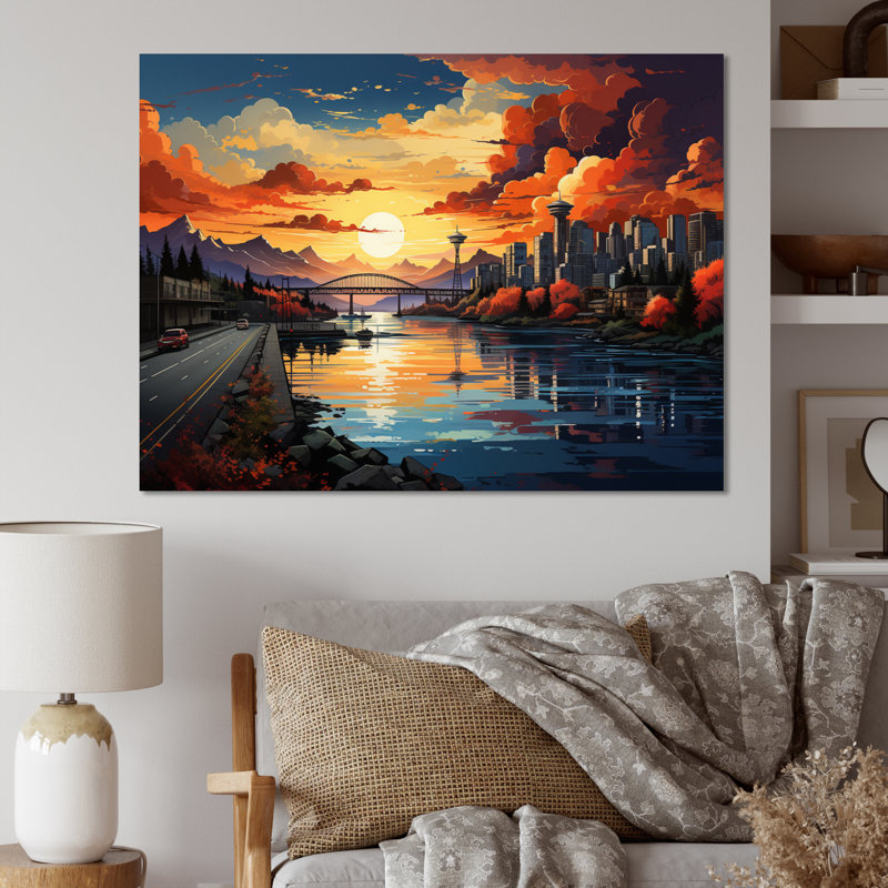 City Vancouver Sunset Popart, reproduction d'art sur toile, H 12 po x l 20 po x P 1 po, Toile tendue