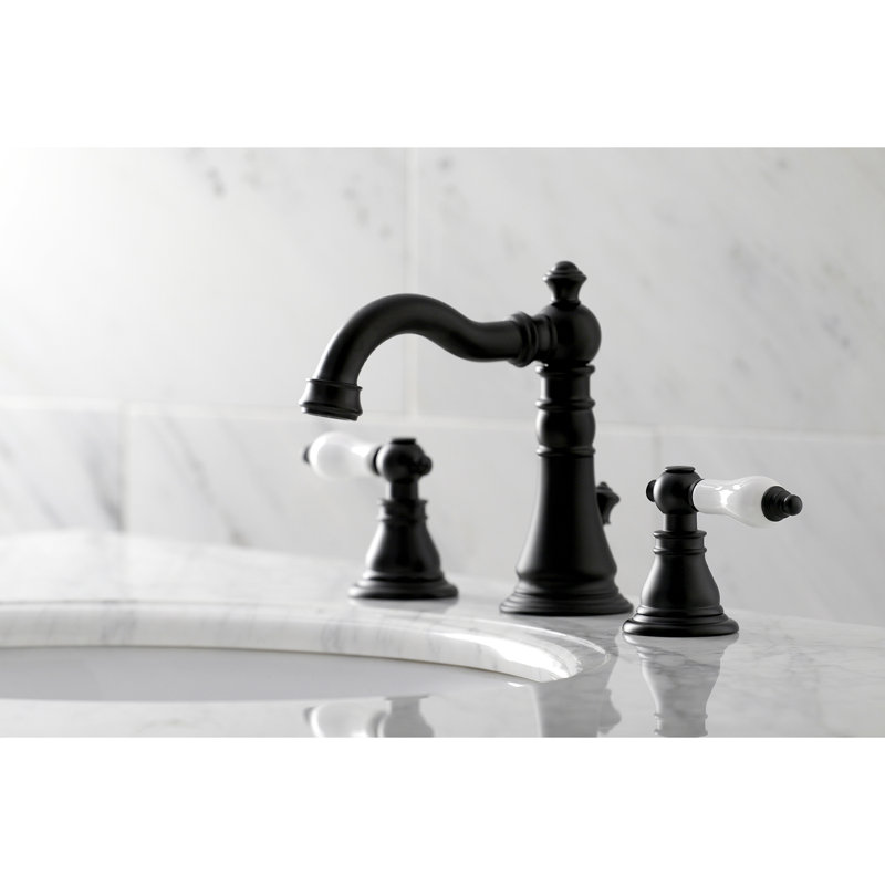 Kingston Brass American Patriot Two-Handle 3-Hole Deck Mount Widespread Bathroom Faucet with Pop-Up Drain, Matte Black