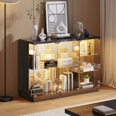 Bibliothèque verrouillable intelligente avec lumières DEL, capteur de mouvement et station de charge, tablettes réglables en verre et panneau arrière miroir