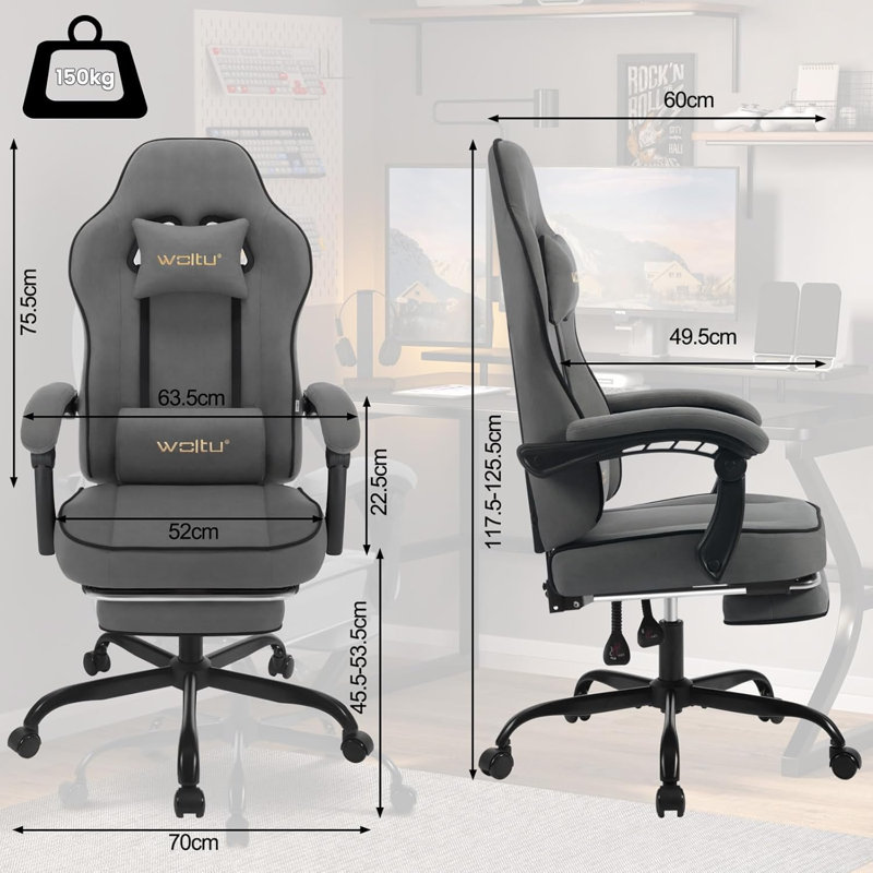 Metro Lane Adjustable Reclining Swiveling PC & Racing Game Chair, Grey/Brown/Blue, 125.5cm H x 70cm W x 70cm D